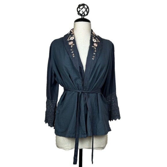 April Cornell Jackets & Blazers - April Cornell Womens Topper XL Cotton Floral Embroidered Tie Gray Cottagecore